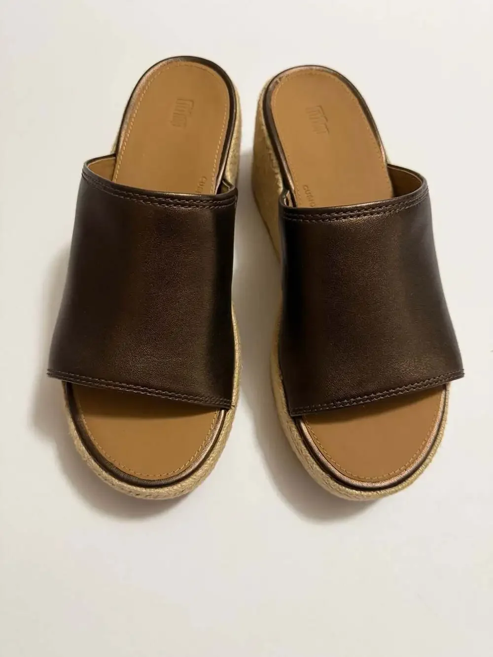 FitFlop Platfforms Espadrille Leather Wedge Slides Size 08 Metallic Chocolate